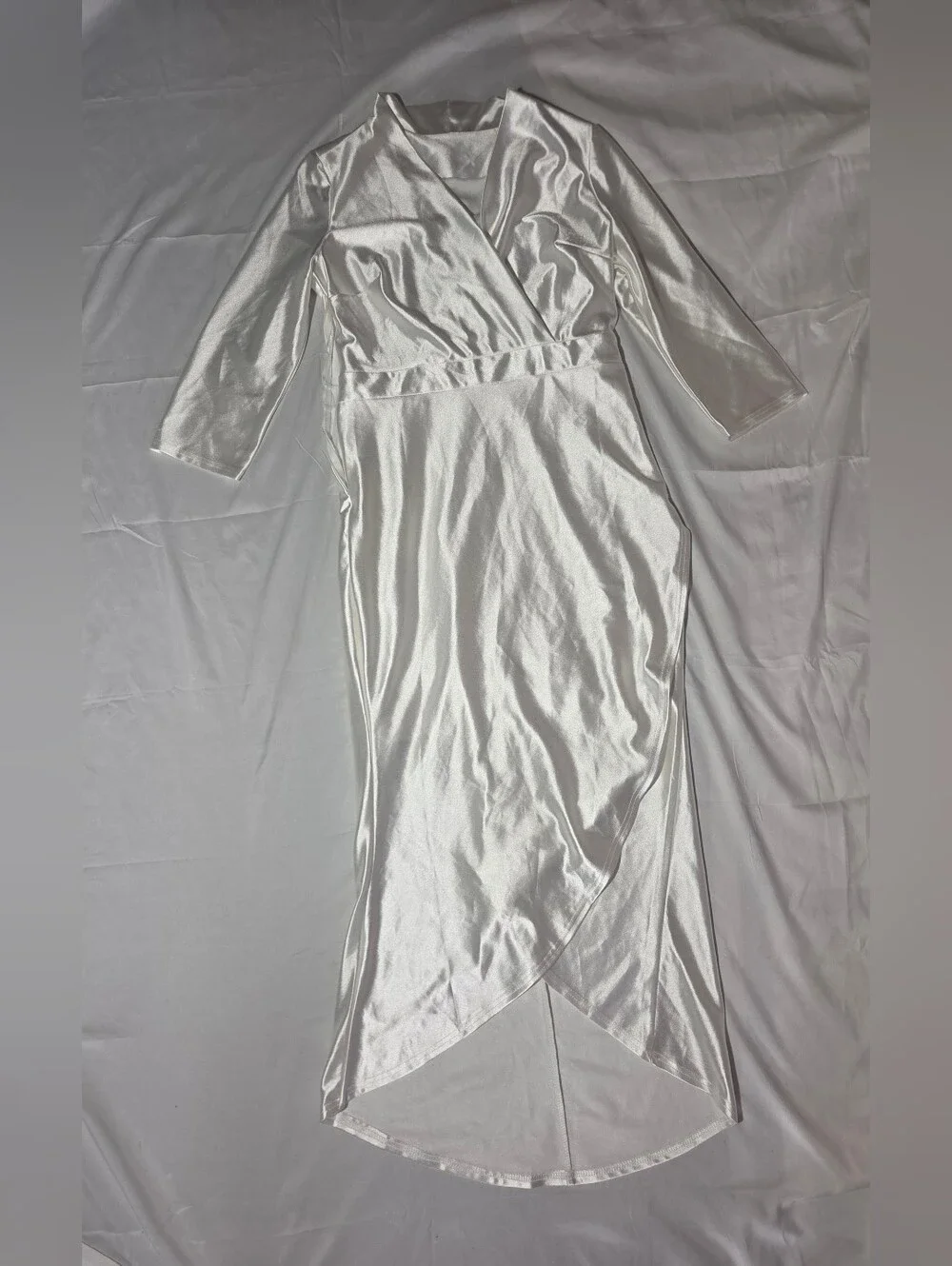 White Satin Long Sleeve V-Neck Wrap Midi Dress with High Low Hem